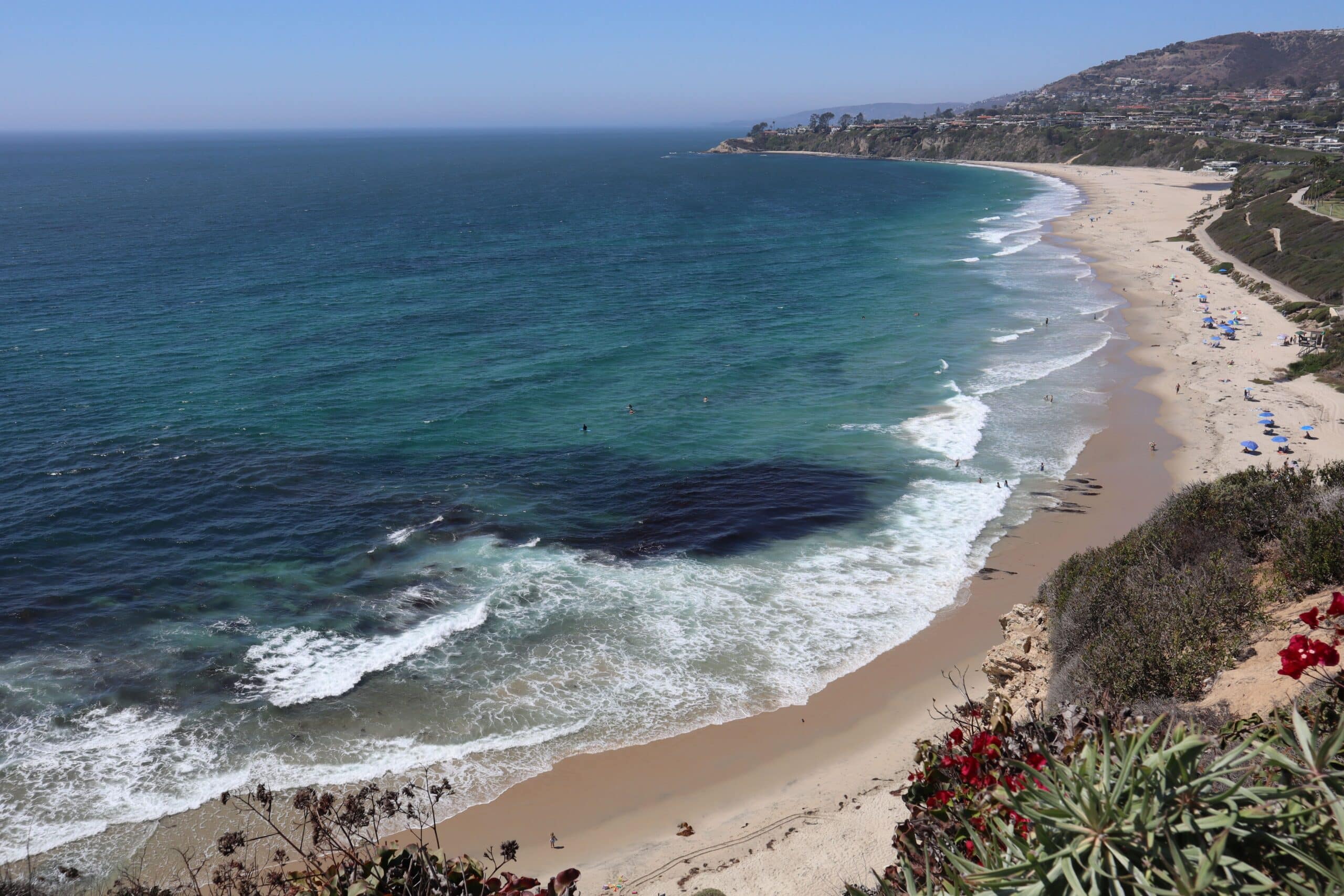 An aerial scenic coastline view of the Pacific Ocean near Laguna Niguel, California, USA