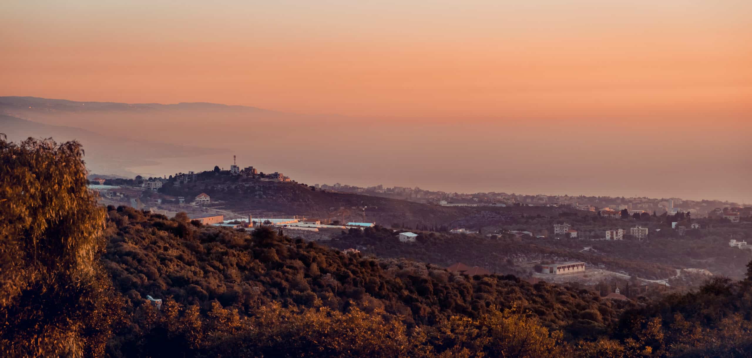 Beautiful Mountains Landscape in Mild Pink Sunset Light. Picturesque Panoramic View. Amazing Nature of Lebanon.