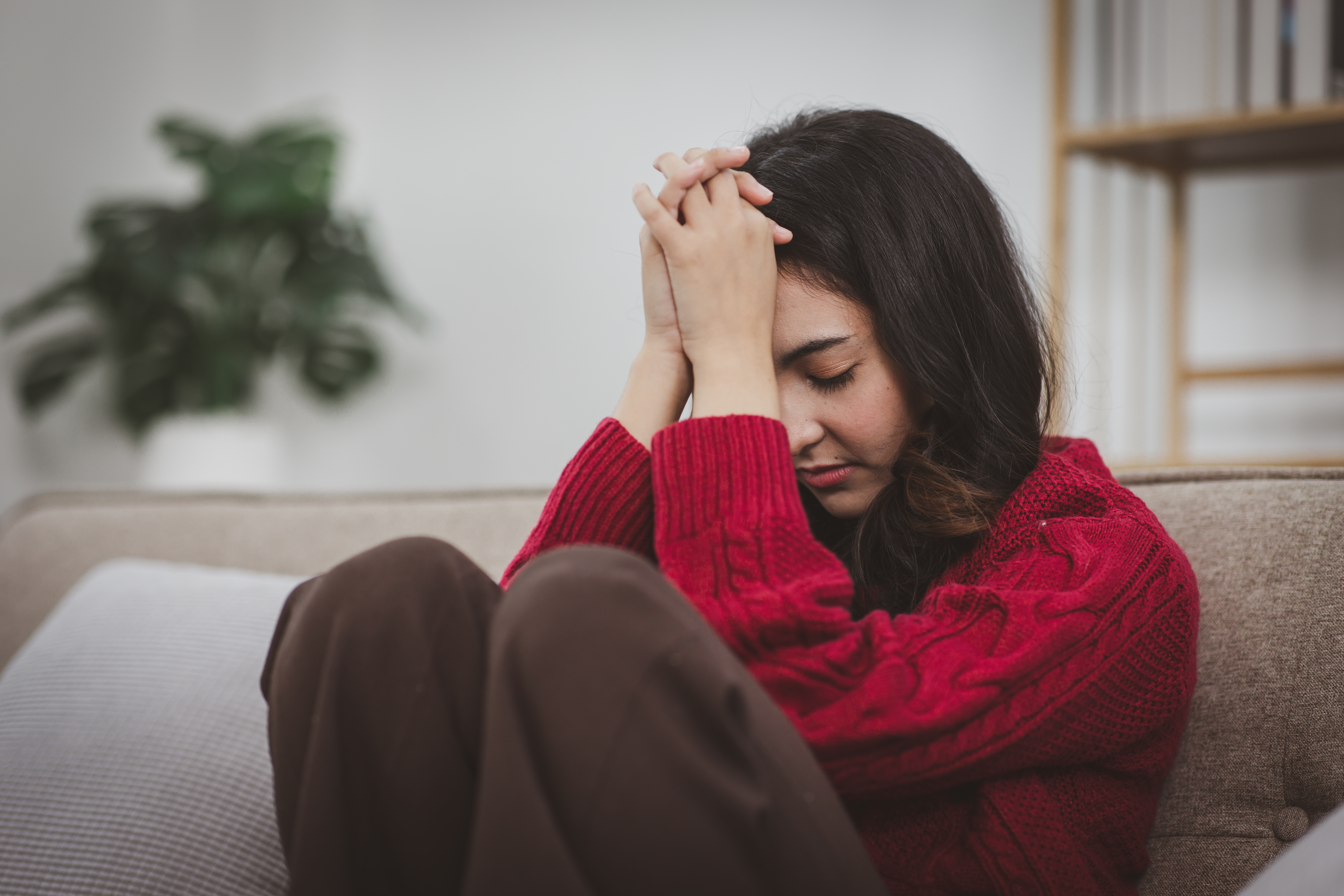 Frustrated confused Young asian teenager woman feels unhappy problem in personal life quarrel break